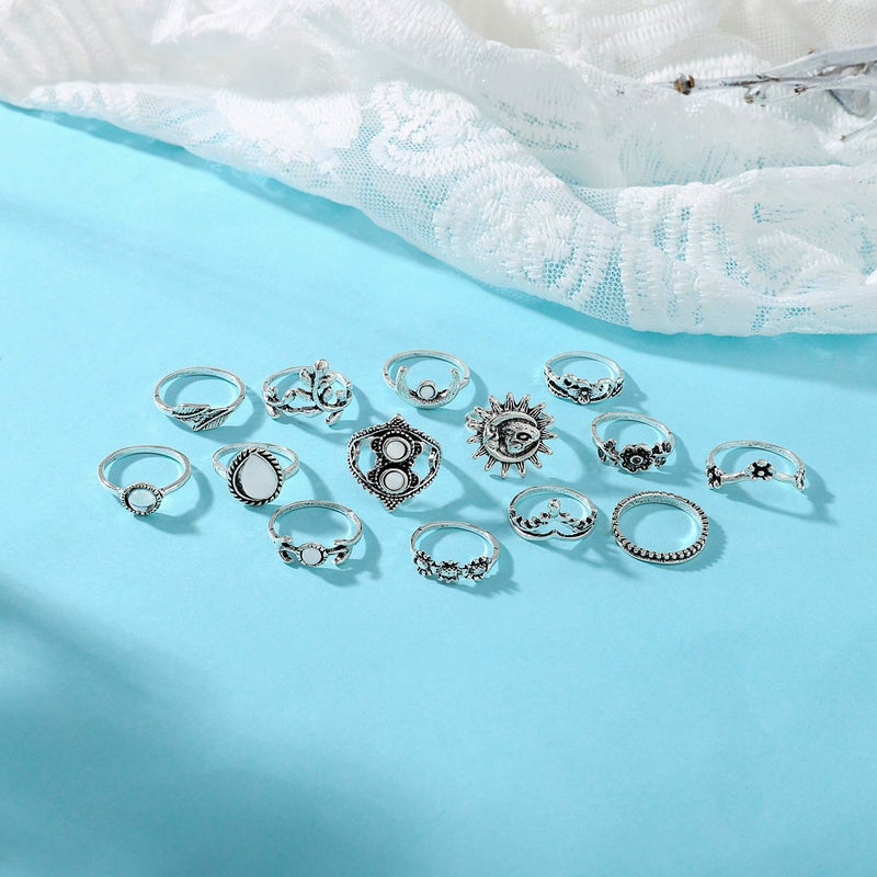 Edary Boho Sun Knuckle Rings Set Floral Carved Stackable Rings Crystal Rings Set Silver Moon Rings for Women(14PCS) - Image 2